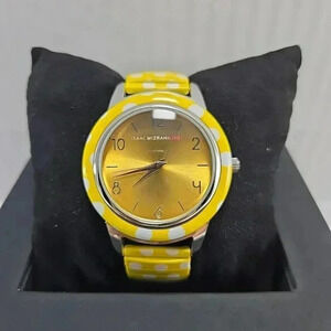 Womens Isaac Mizrahi Live Quartz Watch Yellow Polka Dot 38mm Stretch New Battery
